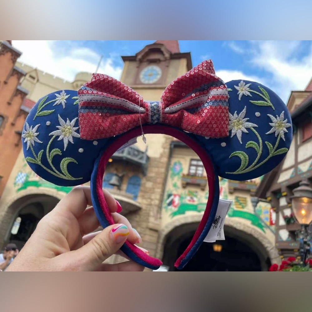 Disney Navy Floral Embroidered Minnie Ears Headband with Red Sequin Bow